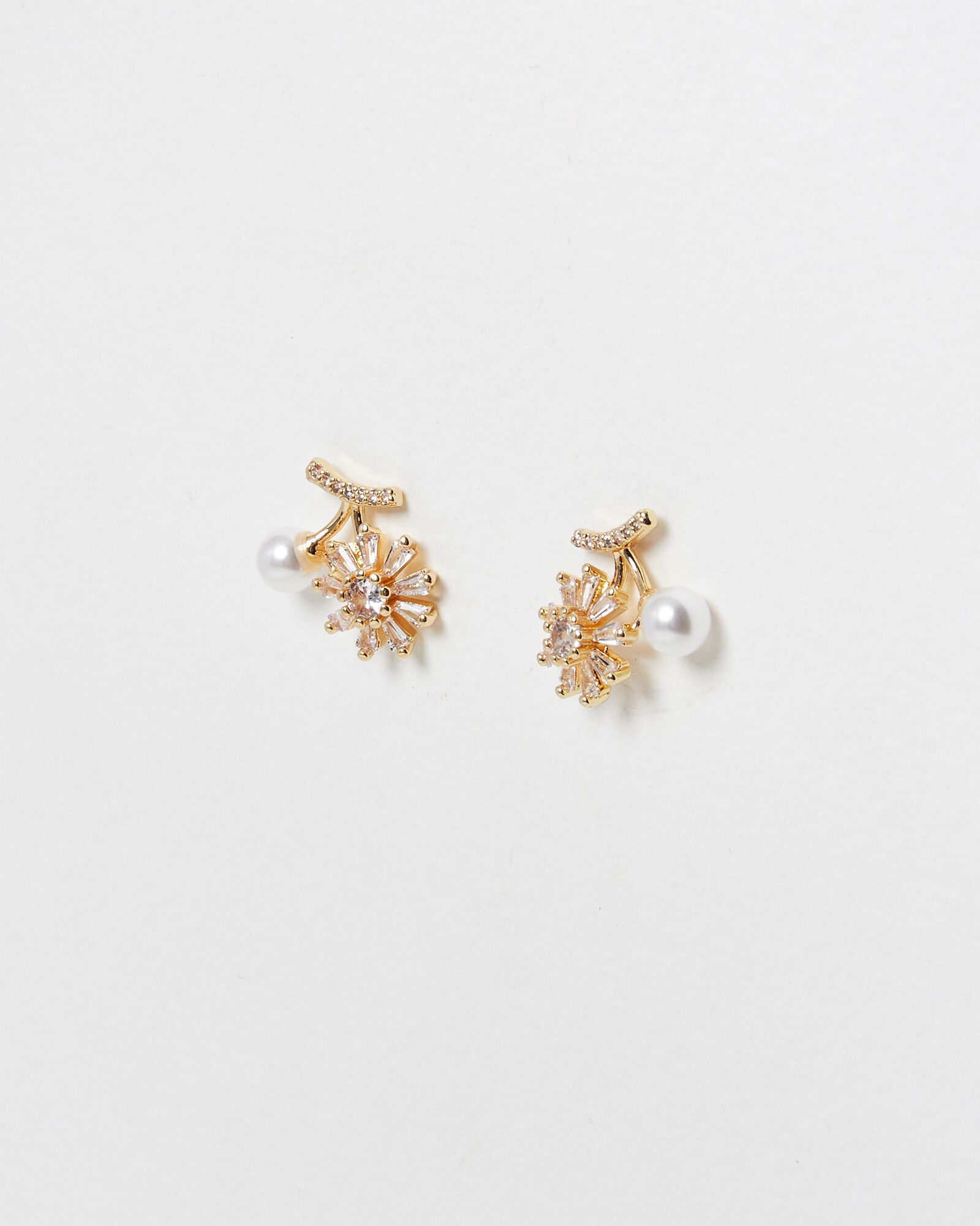 Celeste Faux Pearl & Baguette Stone Stud Earrings | Oliver Bonas