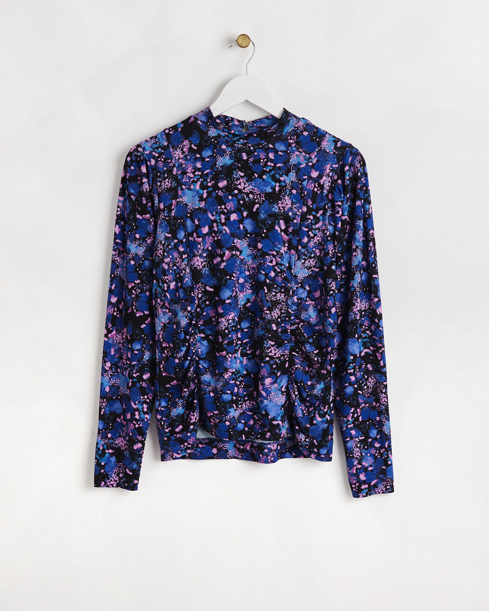 Printed Blue Ruched Long Sleeve Top | Oliver Bonas