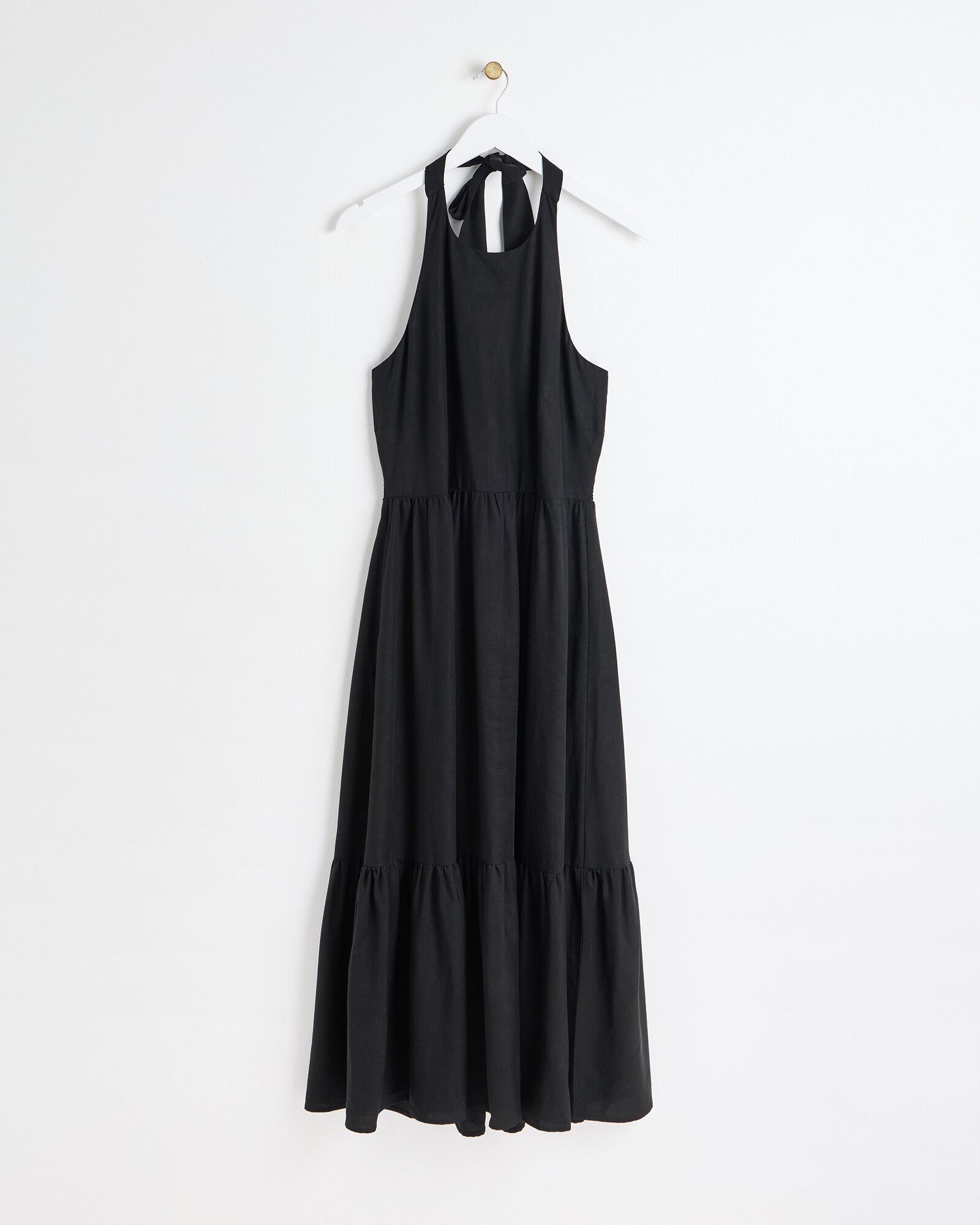 Black Halter Neck Tiered Midi Dress | Oliver Bonas