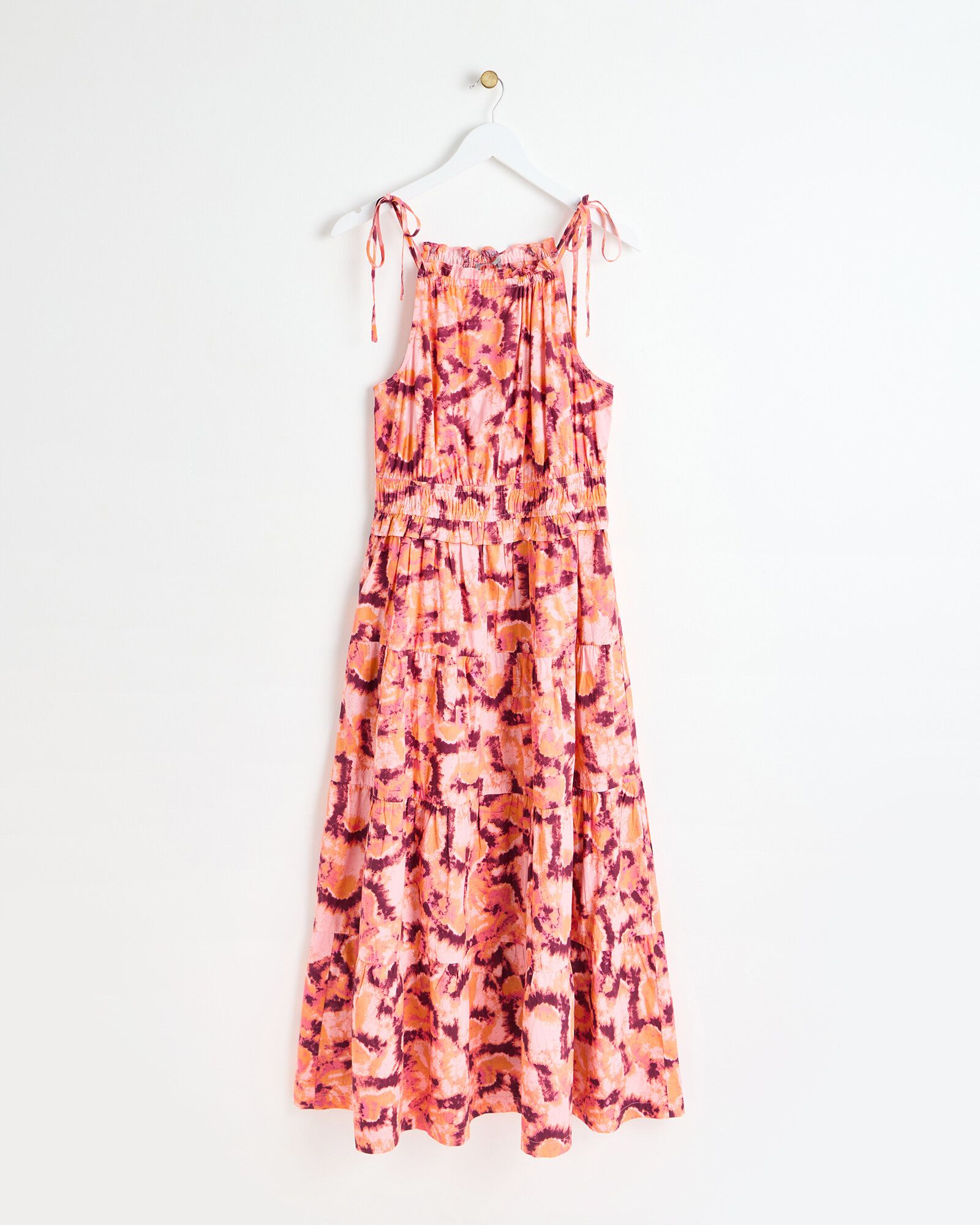 Pink Tie Dye Strappy Tiered Midi Dress | Oliver Bonas