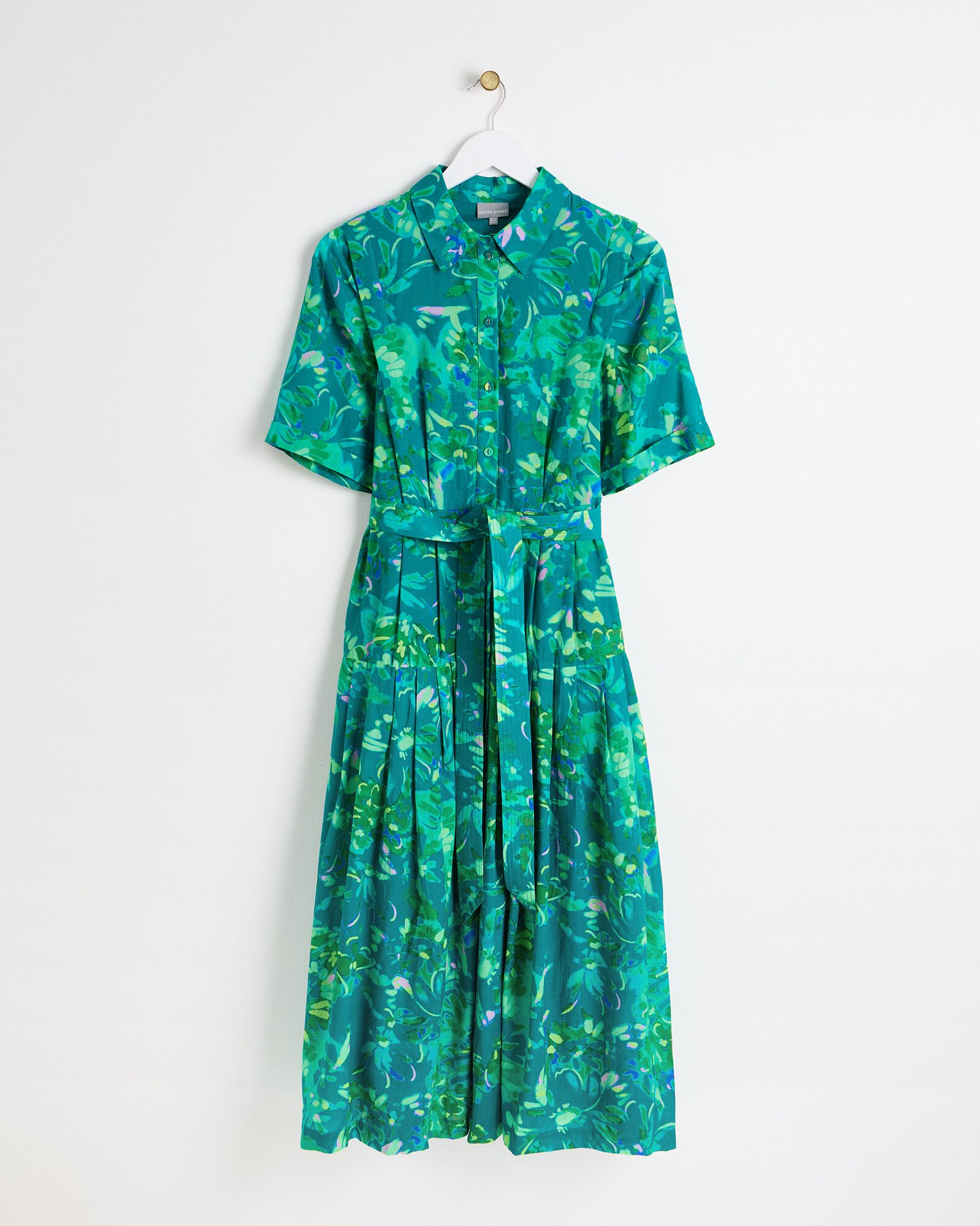 Green Floral Tie Waist Midi Shirt Dress | Oliver Bonas