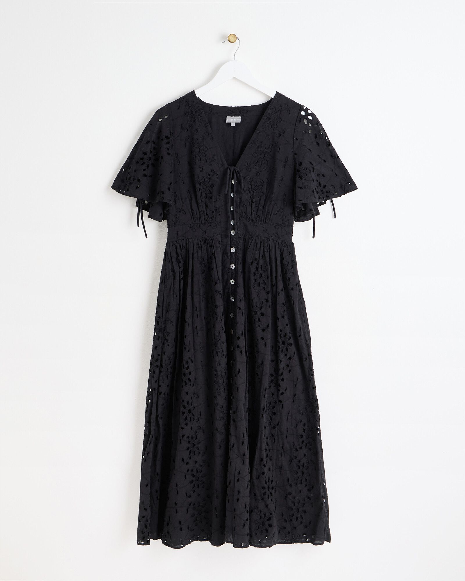 Black V-Neck Tie Sleeve Broderie Midi Dress | Oliver Bonas