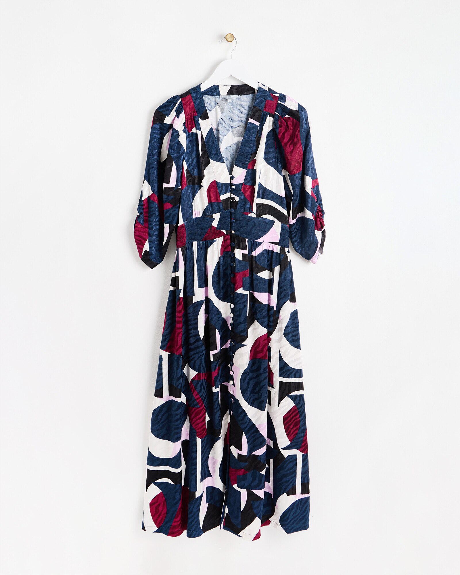 Navy Abstract Print V Neck Midi Dress with Button Detail Oliver Bonas