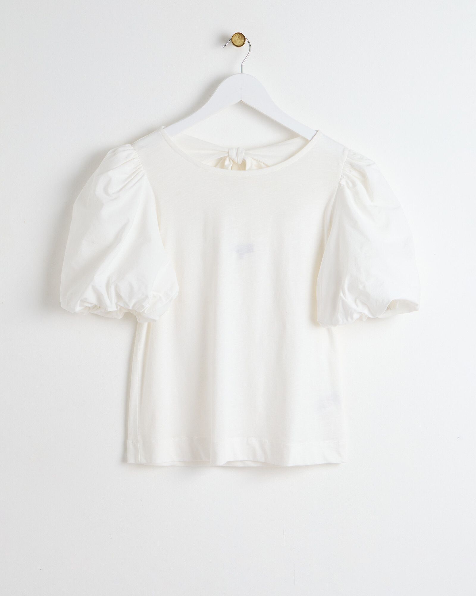 White Jersey Textured Short Puff Sleeve Top with Tie Back | Oliver Bonas