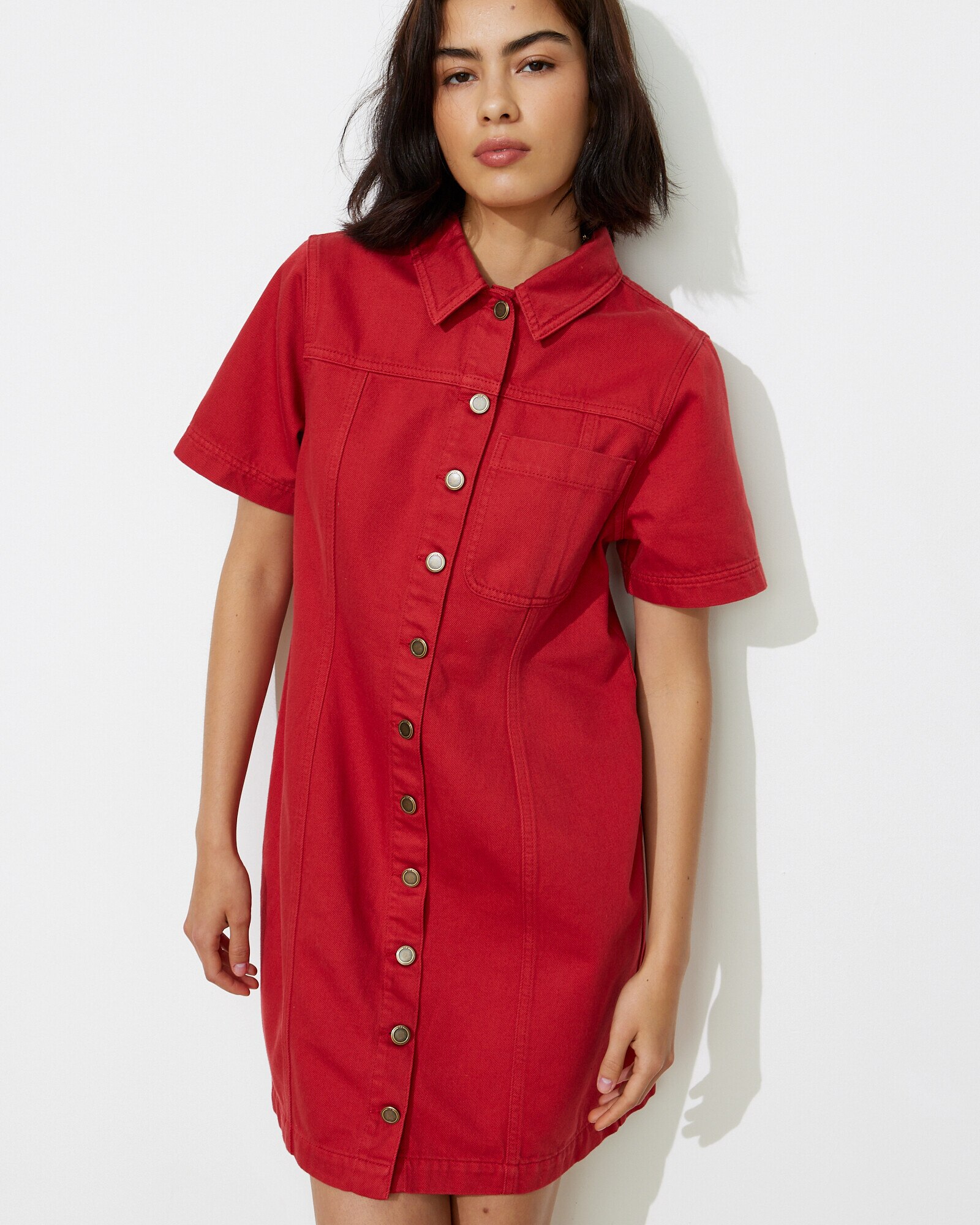 Red denim shirt dress online