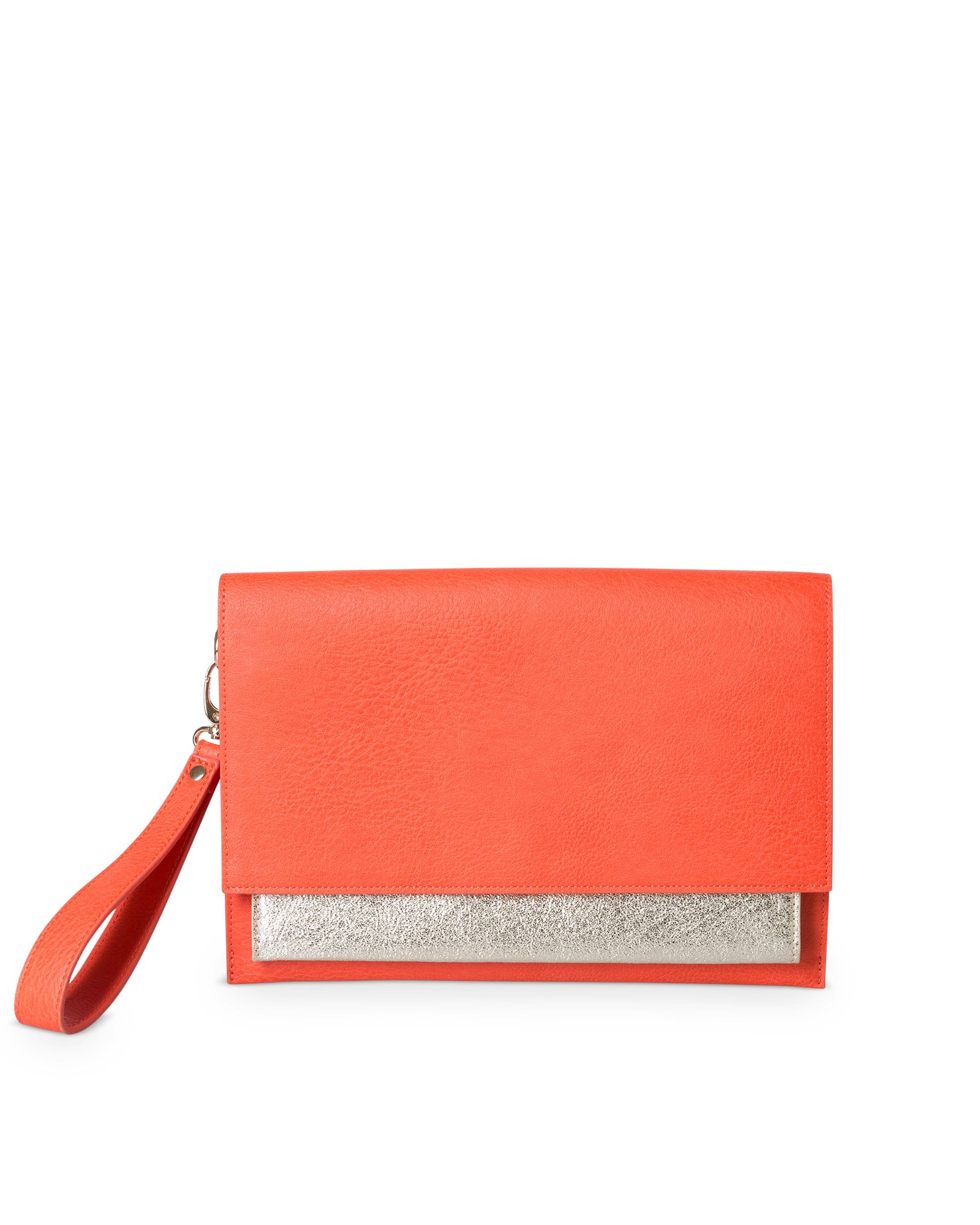 orange and gold clutch bag