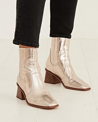 Golden Metallic Square Toe Ankle Boots 