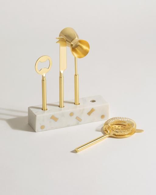 Gold & White Marble Bar Tools Set of Four | Oliver Bonas US