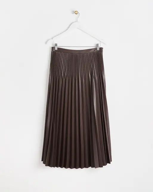 Faux Leather Brown Pleated Midi Skirt | Oliver Bonas