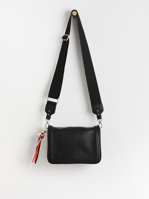 small rectangle crossbody bag black with pink and orange strap