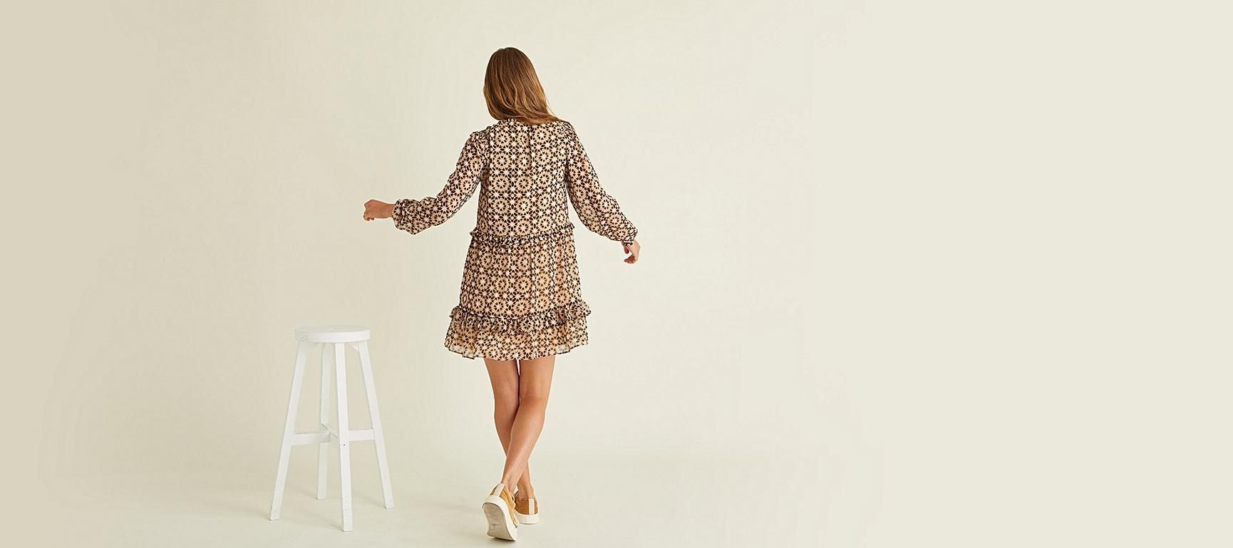 Circle Geo Print Brown Ruffled Mini Dress | Oliver Bonas