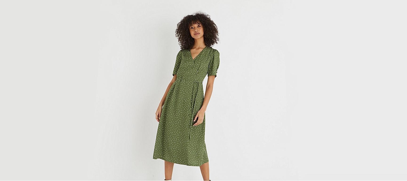 Polka Dot Green Midi Wrap Dress | Oliver Bonas