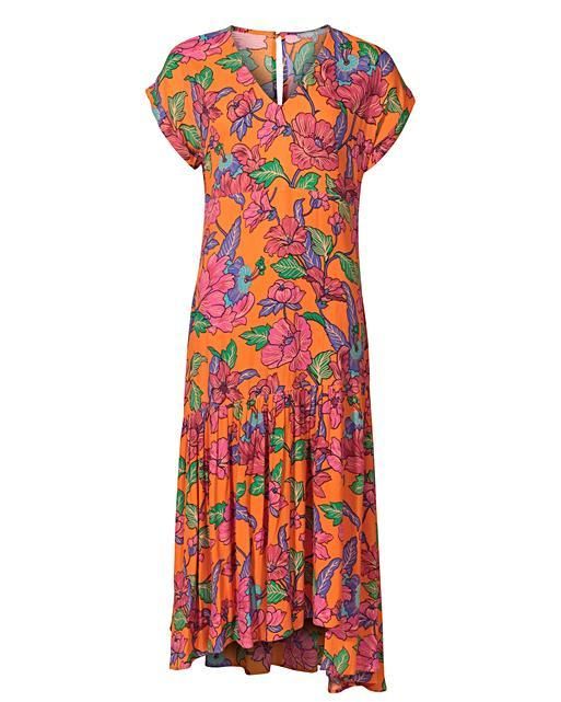 Bright Orange Floral V-Neck Midi Dress | Oliver Bonas