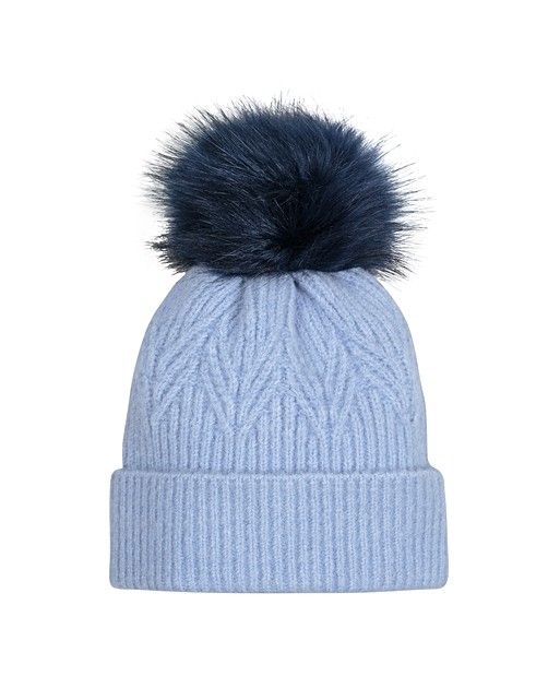 Leaf Knit Faux Fur Pom Blue Beanie Hat | Oliver Bonas